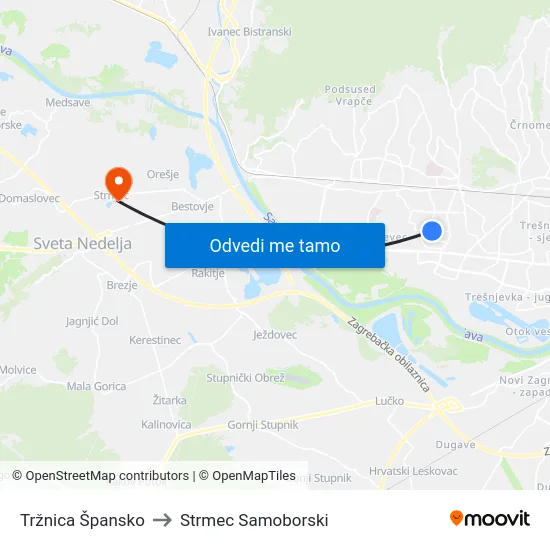 Tržnica Špansko to Strmec Samoborski map
