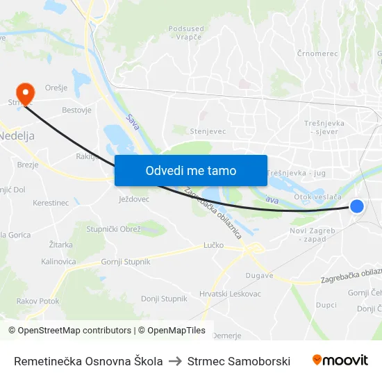 Remetinečka Osnovna Škola to Strmec Samoborski map