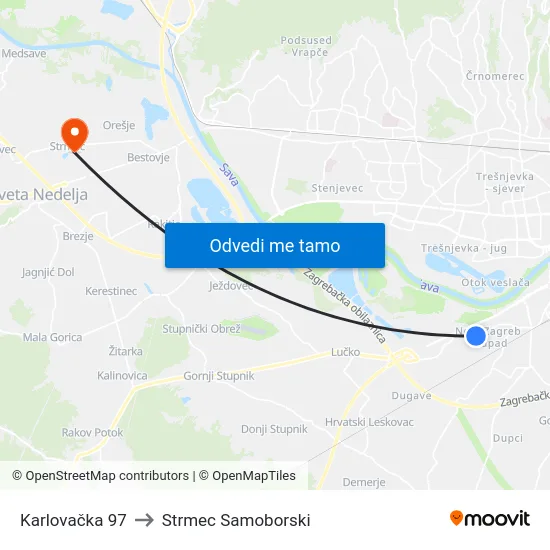 Karlovačka 97 to Strmec Samoborski map