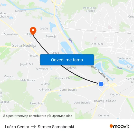 Lučko-Centar to Strmec Samoborski map
