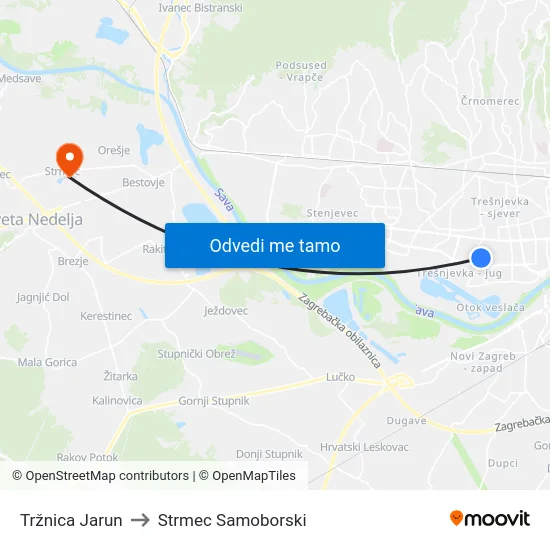 Tržnica Jarun to Strmec Samoborski map