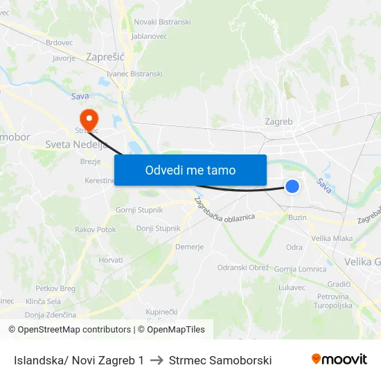 Islandska/ Novi Zagreb 1 to Strmec Samoborski map