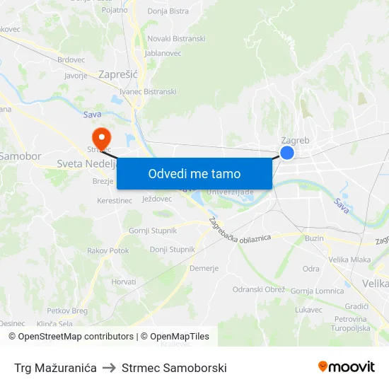 Trg Mažuranića to Strmec Samoborski map