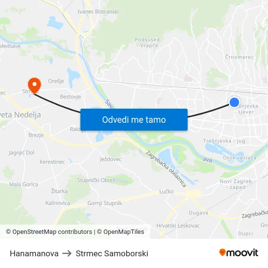 Hanamanova to Strmec Samoborski map