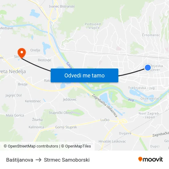 Baštijanova to Strmec Samoborski map
