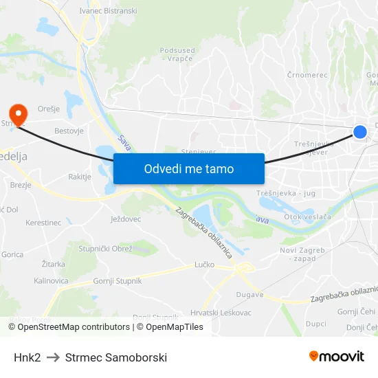 Hnk2 to Strmec Samoborski map
