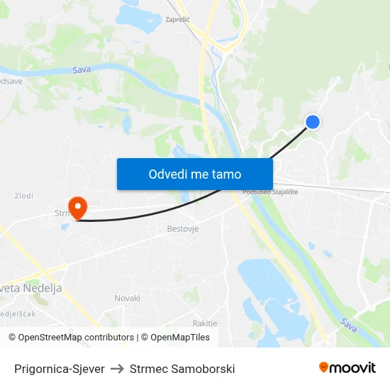 Prigornica-Sjever to Strmec Samoborski map