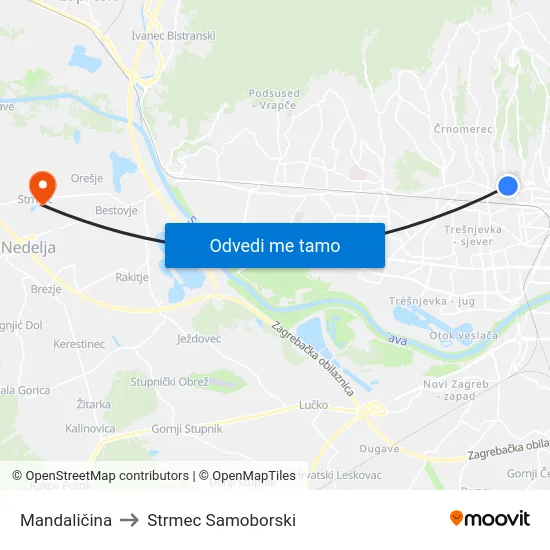 Mandaličina to Strmec Samoborski map