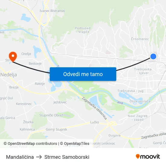 Mandaličina to Strmec Samoborski map