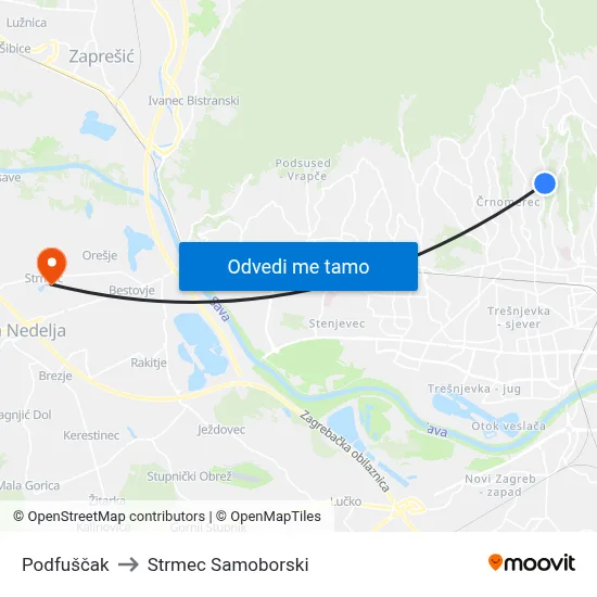 Podfuščak to Strmec Samoborski map