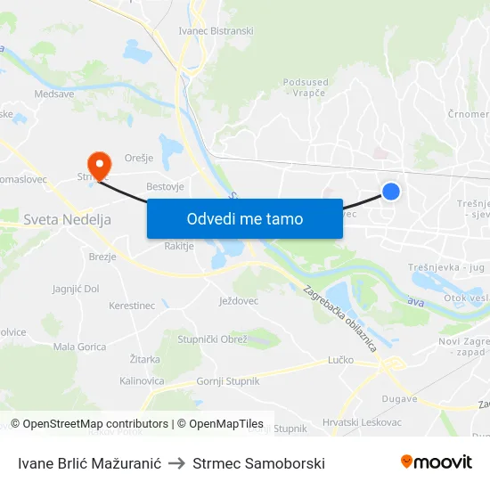 Ivane Brlić Mažuranić to Strmec Samoborski map