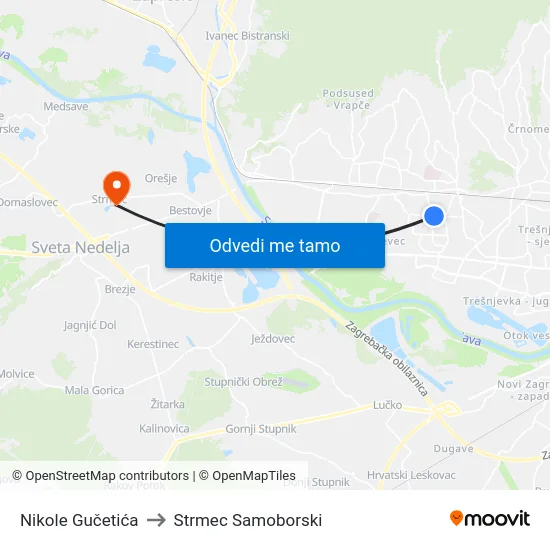 Nikole Gučetića to Strmec Samoborski map