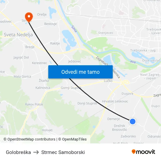 Golobreška to Strmec Samoborski map