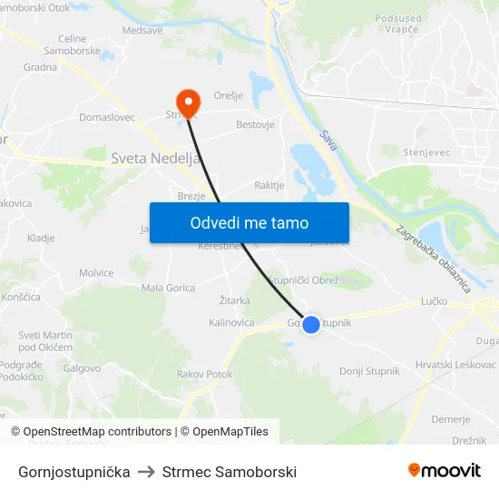 Gornjostupnička to Strmec Samoborski map