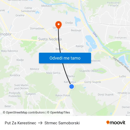 Put Za Kerestinec to Strmec Samoborski map