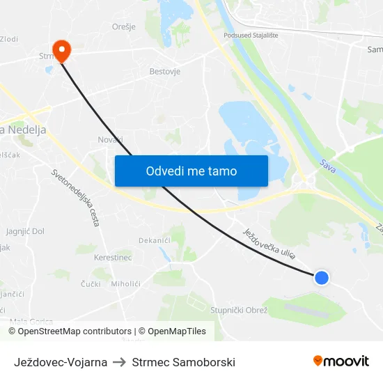 Ježdovec-Vojarna to Strmec Samoborski map