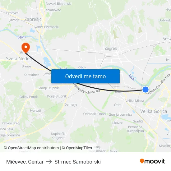 Mičevec, Centar to Strmec Samoborski map