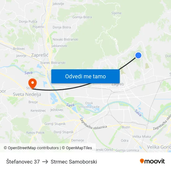 Štefanovec 37 to Strmec Samoborski map