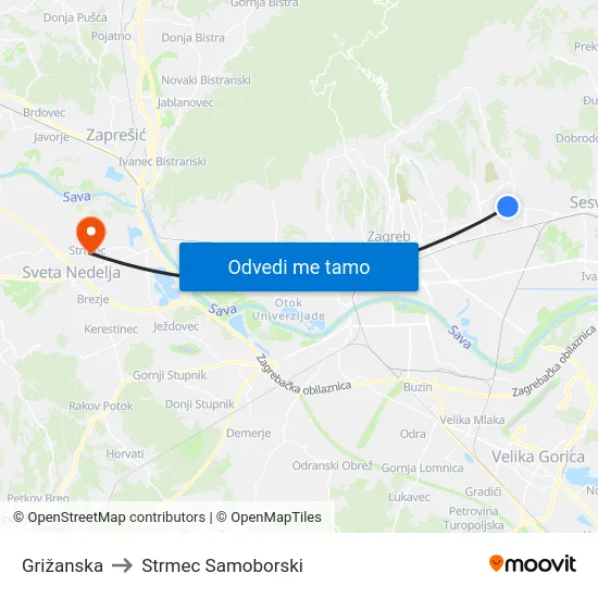 Grižanska to Strmec Samoborski map