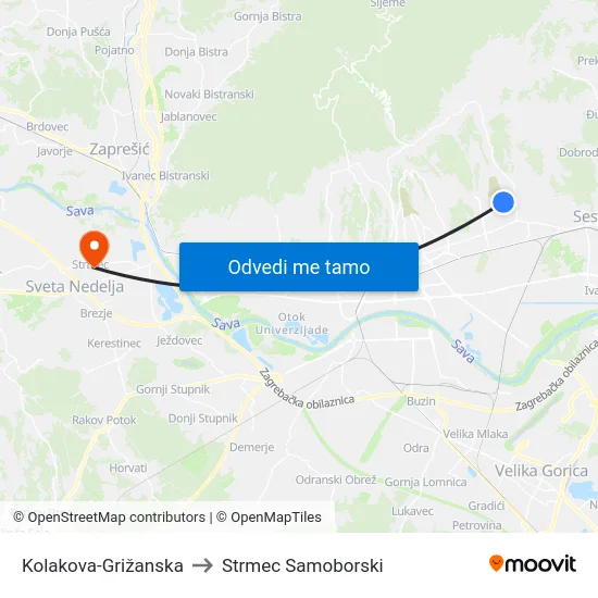 Kolakova-Grižanska to Strmec Samoborski map