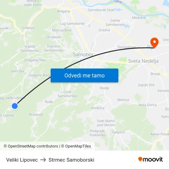 Veliki Lipovec to Strmec Samoborski map
