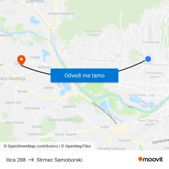 Ilica 288 to Strmec Samoborski map