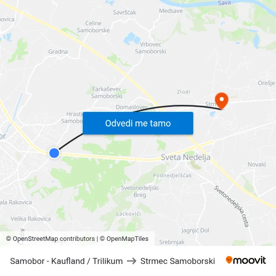 Samobor - Kaufland / Trilikum to Strmec Samoborski map