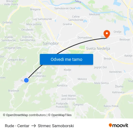 Rude - Centar to Strmec Samoborski map