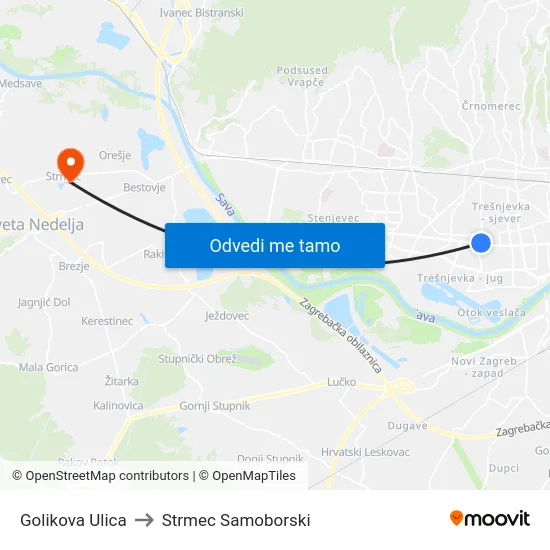 Golikova Ulica to Strmec Samoborski map