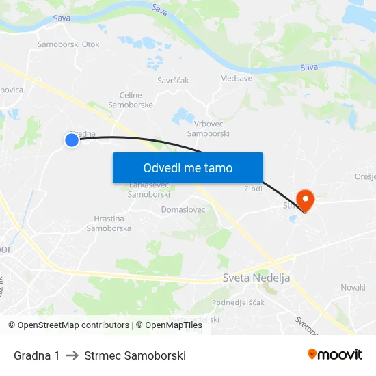 Gradna 1 to Strmec Samoborski map