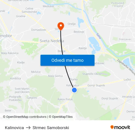 Kalinovica to Strmec Samoborski map