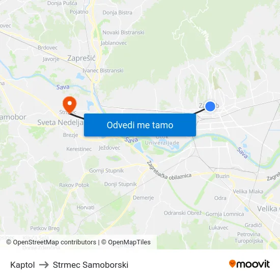 Kaptol to Strmec Samoborski map