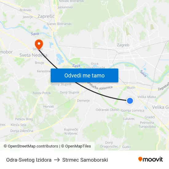 Odra-Svetog Izidora to Strmec Samoborski map