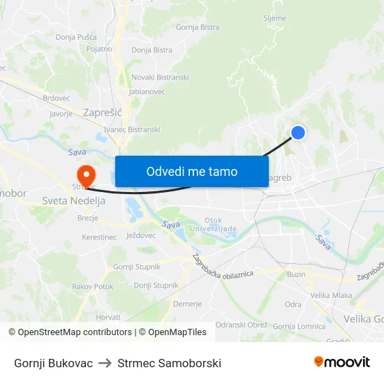 Gornji Bukovac to Strmec Samoborski map