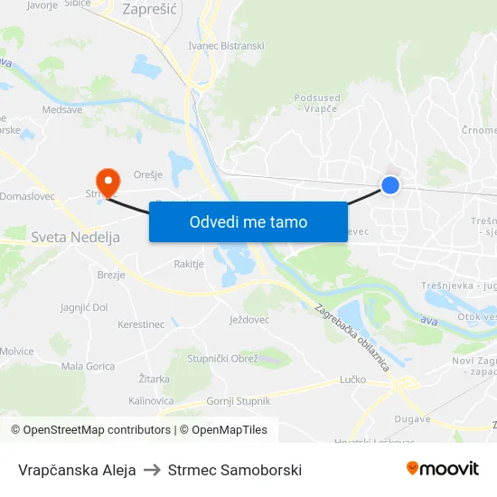 Vrapčanska Aleja to Strmec Samoborski map