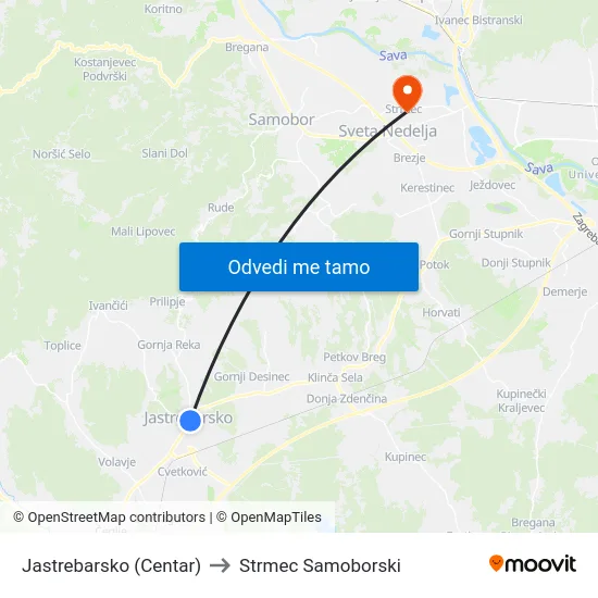 Jastrebarsko (Centar) to Strmec Samoborski map