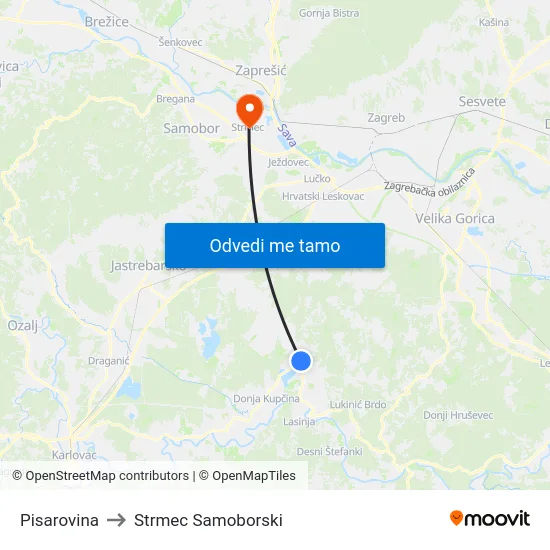 Pisarovina to Strmec Samoborski map