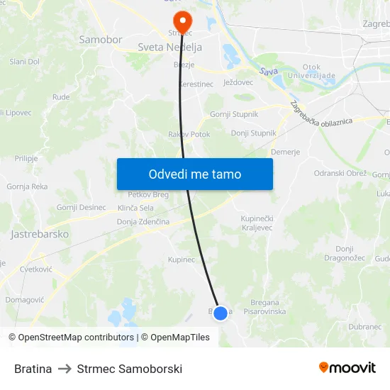 Bratina to Strmec Samoborski map
