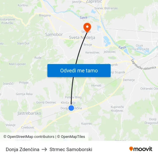 Donja Zdenčina to Strmec Samoborski map
