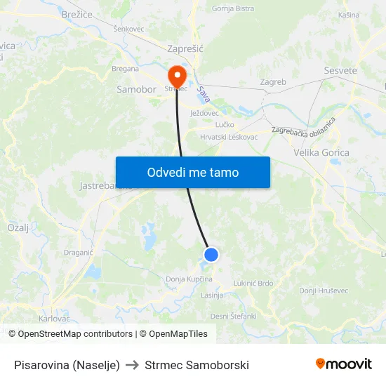 Pisarovina (Naselje) to Strmec Samoborski map