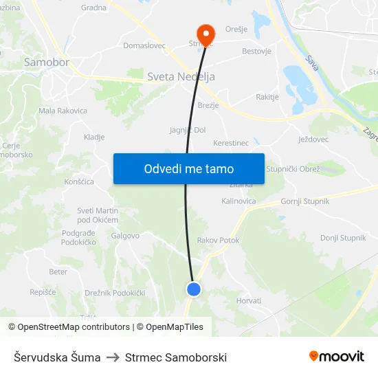 Šervudska Šuma to Strmec Samoborski map