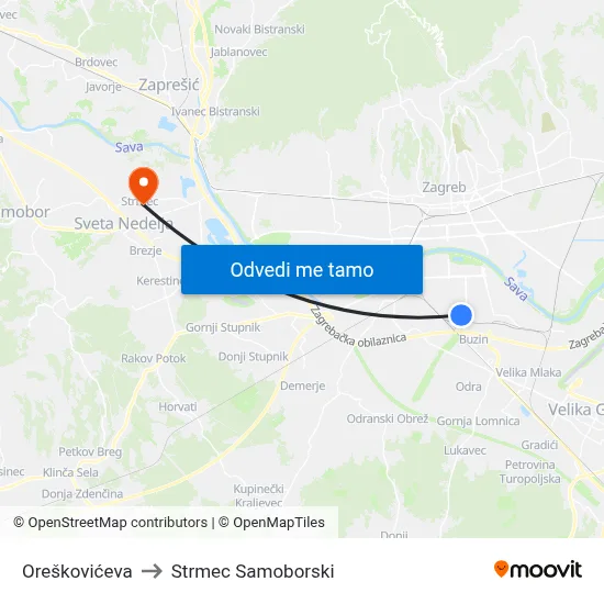 Oreškovićeva to Strmec Samoborski map