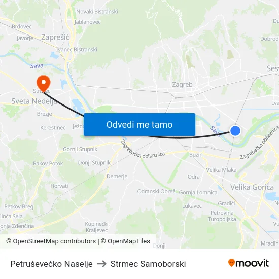 Petruševečko Naselje to Strmec Samoborski map