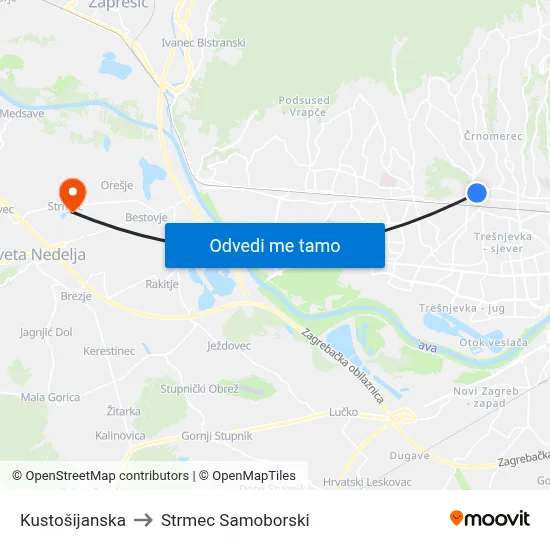 Kustošijanska to Strmec Samoborski map