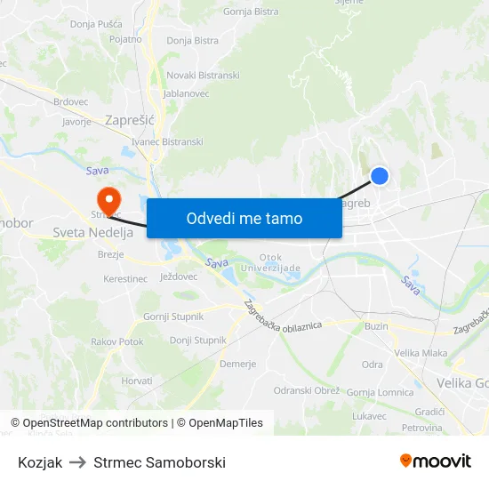 Kozjak to Strmec Samoborski map