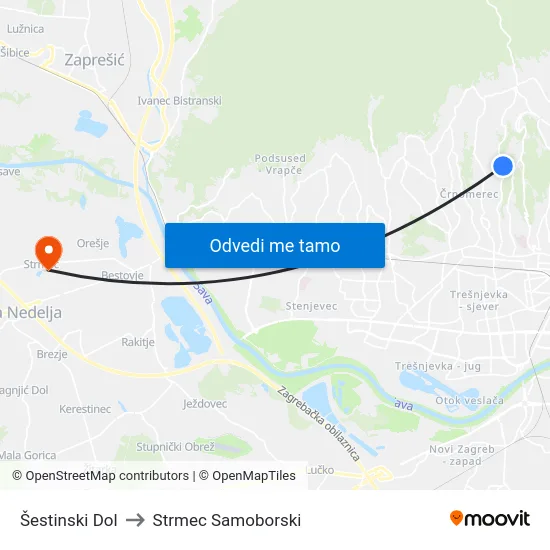 Šestinski Dol to Strmec Samoborski map