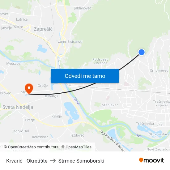 Krvarić - Okretište to Strmec Samoborski map