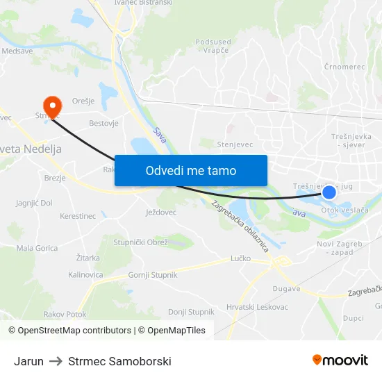 Jarun to Strmec Samoborski map
