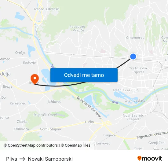 Pliva to Novaki Samoborski map