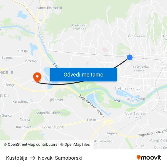Kustošija to Novaki Samoborski map